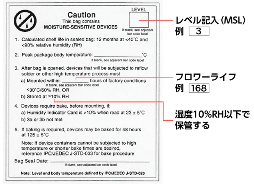 ICパッケージ防湿包装のMSL警告ラベル（Caution Label）の例